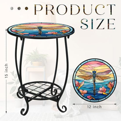 Cinnvoice Outdoor Side Table Round Small Mosaic Patio Accent Indoor End Plant Coffee Tea Table for Yard Patio Porch Garden Living Room, Bedroom(Dragonfly Style,12 Inch) - size: 12 Inch, style: Dragonfly Style