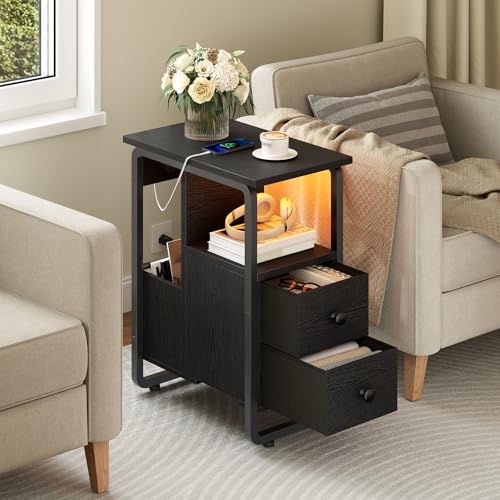 HOOBRO Narrow End Table with Charging Station & LED Lights, Slim Nightstand with 2 Fabric Drawers and Open Shelves, Narrow Side Table for Living Room, Bedroom, Black BB430UDBZ01 - color: Black