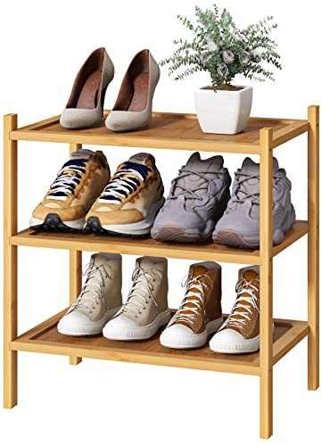 kiplant Small Shoe Rack, Bamboo Wood Shoe Rack for Entryway, Stackable | Foldable | Natural, 3-Tier Shoe Organizer for Hallway Closet, Free Standing Shoe Racks for Indoor & Outdoor - color: Natural, size: 3-Tier_Small