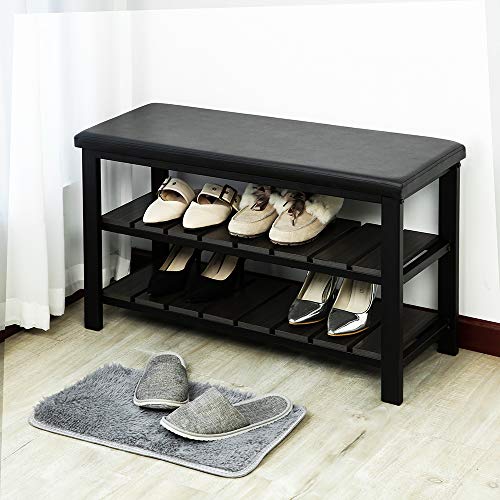 Finnhomy 3-Tier Shoe Rack Bench Cushion. Holds Up to 400 lb Rack, for Entryway, Bedroom, Hallway, Accent Furniturn, Elegant Black Wood - style: Modern