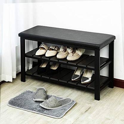Finnhomy 3-Tier Shoe Rack Bench Cushion. Holds Up to 400 lb Rack, for Entryway, Bedroom, Hallway, Accent Furniturn, Elegant Black Wood - style: Modern