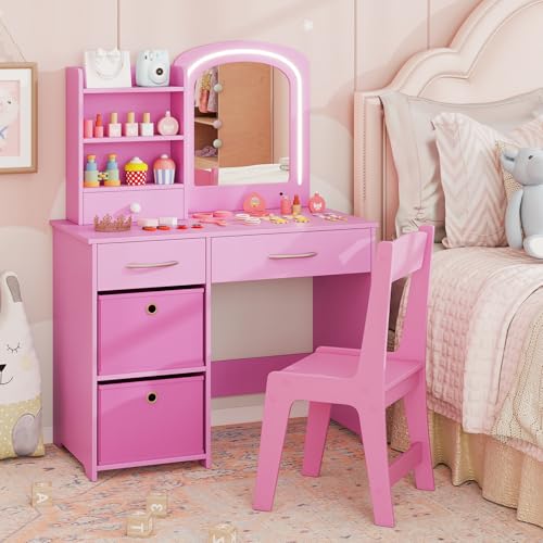 Costzon Kids Vanity with Lights, Princess Makeup Dressing Desk with Mirror and Stool, Storage Drawers, Shelves, Kids Vanity Table and Chair Set for Little Girls (Pink) - style: Pink