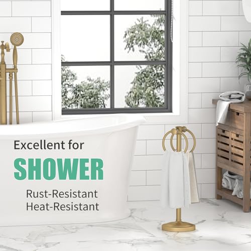 Hoimpro 17" Brushed Gold Free Standing Towel Rack Bracket, Double Towel Ring Hand Towel Stand Holder, Bathroom Hardware Accessories Set Towel Bar for Bathroom Vanities and Kitchen Countertops - color: Brushed Gold
