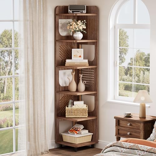 Tribesigns 6-Tier Tall Corner Shelf, 71-Inch Rustic Narrow Corner Bookshelf Bookcase with Square Rack, Freestanding Corner Display Storage Shelf Organizer for Living Room, Kitchen, Office, Brown - color: Brown