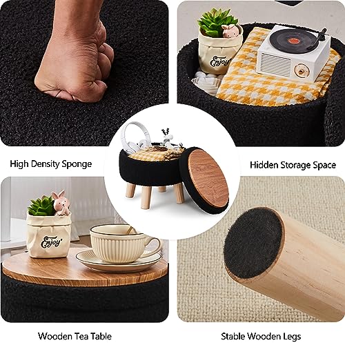Wimarsbon Storage Ottoman, Modern Round Footrest with Soft Padded Seat, Teddy Velvet Footstool with Wood Legs, Accent Small Table or Plant Stand for Hallway, Living Room (Black) - color: Black