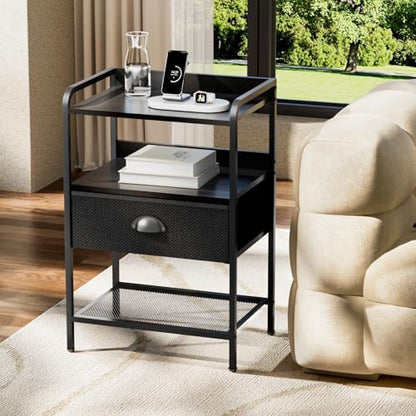 Nightstands Set of 2, Bedside Table with 1 Fabric Drawer, Open Mesh Shelf, End Table Side Table with Storage Drawer Dresser, Wear-Resistant Metal Frame, Bedroom, Black - color: Black(1drawer), size: Set of 2