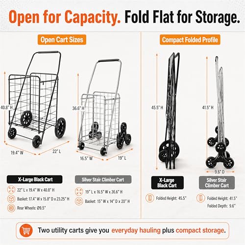 Wellmax 2-Pack Shopping Utility Cart with Stair Climber, Collapsible Folding Cart for Grocery, X-Large and Large (Black and Silver) - size: Large-Medium