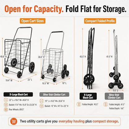 Wellmax 2-Pack Shopping Utility Cart with Stair Climber, Collapsible Folding Cart for Grocery, X-Large and Large (Black and Silver) - size: Large-Medium