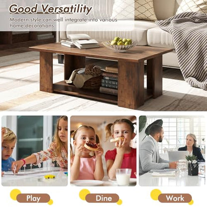 Tangkula 2-Tier Coffee Table, Modern Rectangular Center Cocktail Table with 5 Support Legs, Wooden Accent Living Room Furniture, Small Coffee Table for Small Spaces, Easy Assembly (Rustic Brown) - color: Rustic Brown
