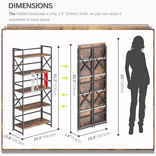 4NM 5 Tiers No Assembly Book Shelves, 51.2" H Folding Bookshelf Bookcase Open Industrial Foldable Shelves for Bedroom, Living Room, Home Office - Rustic Brown Black - color: Rustic Brown Black, size: XX 5-Tier