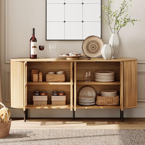 WAMPAT 64.4" Fluted TV Stand, Wood Entertainment Center for TVs Up to 70 inches, Curved Edge Media Console Table with Doors and Shelves for Living Room, Bedroom, Oak - color: Oak