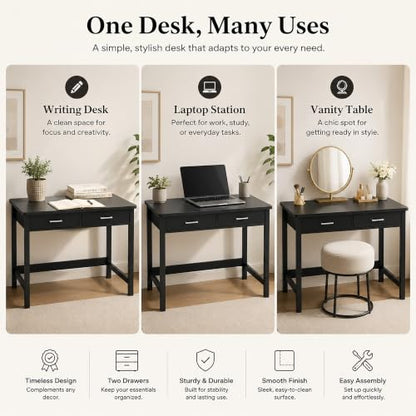 4NM 39.4" Small Desk with Wood Drawers, Home Office Computer Desk with Wooden Legs, Study Writing Table Vanity Desk for Small Spaces - Black