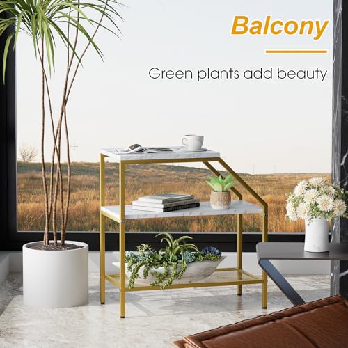 Wolawu End Table 3 Tiers 2pcs White Marble Wood Nightstand with Storage Ladder Shelf,Industrial Sofa Side Table for Small Space, Modern Trapezoid Plant Stand in Living Room Bedroom,Gold Metal Frame - color: White Marble
