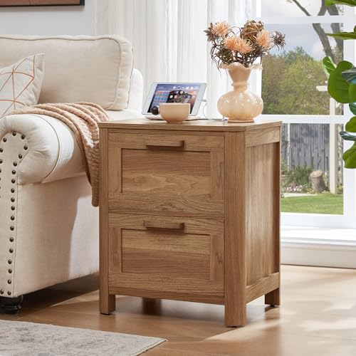 Joaxswe Farmhouse Nightstand with Charging Station, End Tables Bedroom with 2 Large Drawers & 4 Thickened Table Legs, Brown - color: Brown, size: 16"D x 19.7"W x 23.6"H (2 Drawers)