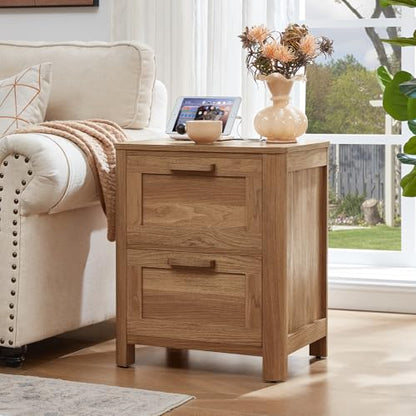 Joaxswe Farmhouse Nightstand with Charging Station, End Tables Bedroom with 2 Large Drawers & 4 Thickened Table Legs, Brown - color: Brown, size: 16"D x 19.7"W x 23.6"H (2 Drawers)