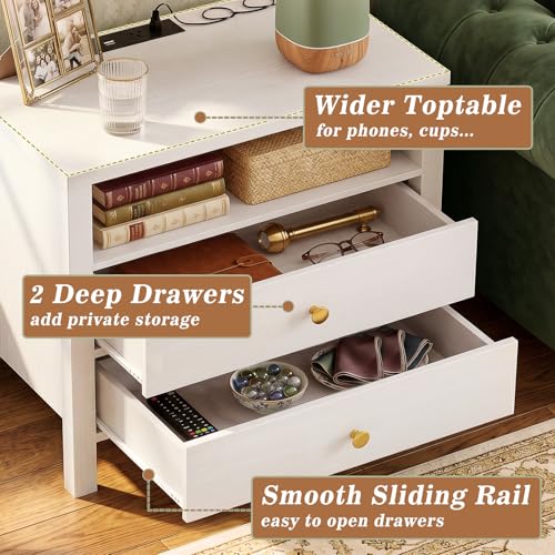 Aheaplus Nightstand with Charging Station, 23.6'' Large Bed Side Table with Wooden 2 Drawers, Night Stand for Bedroom, End Table with Open Storage Shelf for Living Room, Set of 2, White - color: White