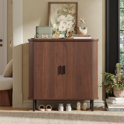 Maupvit Shoe Storage Cabinet with Smooth Fluted Sliding Doors, 5-Tier Shoe Cabinet Storage for Entryway, Narrow Hidden Shoe Rack for Front Door Entrance, Metal Handles and Legs, Walnut