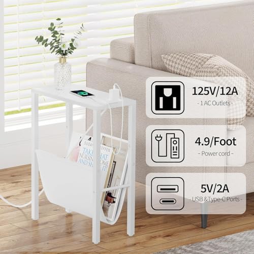 Narrow Side Table with Charging Station, Skinny Nightstand with USB Ports & Outlet, Slim Sofa Side Table with Storage Bag, Small End Table for Small Spaces, Living Room, Bedroom, White - color: White