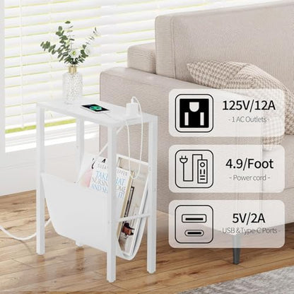 Narrow Side Table with Charging Station, Skinny Nightstand with USB Ports & Outlet, Slim Sofa Side Table with Storage Bag, Small End Table for Small Spaces, Living Room, Bedroom, White - color: White