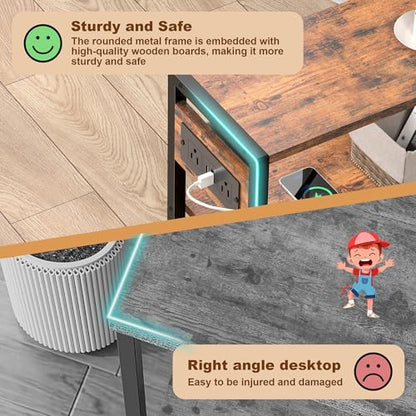 Small Narrow Side Table with Charging Station, Skinny End Table for Small Spaces, Slim Nightstand with Outlets, Sofa Bedside Table in Living Room, Bedroom, Study, Kitchen and Balcony (Rustic Brown) - color: Rustic Brown