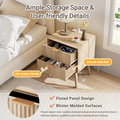 Fluted Nightstand Set of 2 with Charging & Beveled Edge, Natural | 18in Wide, FSC-Certified MDF, Solid Wood Legs, 2 Drawer, Metal Handle, Modern, Bedroom, Night Stand, Bedside Table, End Table - color: Natural Oak - Beveled Drawer, size: 18"W