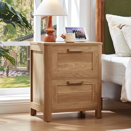 Joaxswe Farmhouse Nightstand with Charging Station, End Tables Bedroom with 2 Large Drawers & 4 Thickened Table Legs, Brown - color: Brown, size: 16"D x 19.7"W x 23.6"H (2 Drawers)