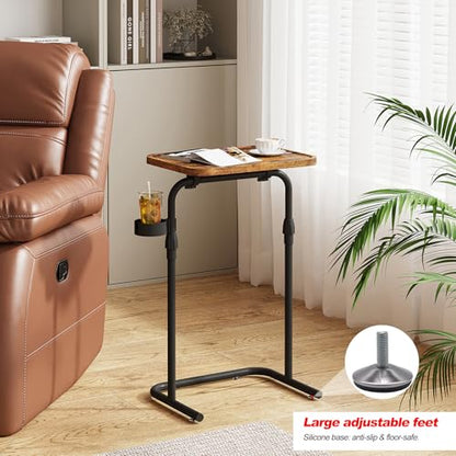 TUTOTAK C Shaped End Table with Tiltable Surface, Adjustable Height Side Table, Slide Under Couch Table TV Tray for Eating, Sofa Tray for Livingroom, Bedroom Brown TB01BB091 - color: Brown