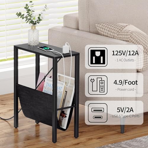 Narrow End Table with Charging Station, Narrow Nightstand with USB Ports & Outlet, Slim Sofa Side Table, Black End Table, Small Side Table for Small Spaces, Living Room, Bedroom, Black - color: Black