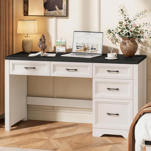 Halitaa 55 Inch Farmhouse Desk with 5 Drawers, Large Home Office Computer Desk with Adjustable File Drawer, Executive Workstation with Storage for Study Writing Work, Black - color: Black White, size: 55.1"W x 19.7"D x 30.5"H
