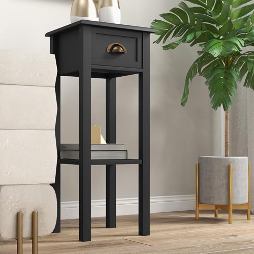 HOMCOM Narrow End Table with Drawer and Bottom Shelf, Slim Side Table for Small Spaces, Skinny Modern Accent Desk for Living Room, Set of 2, Black - color: Black