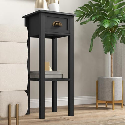 HOMCOM Narrow End Table with Drawer and Bottom Shelf, Slim Side Table for Small Spaces, Skinny Modern Accent Desk for Living Room, Set of 2, Black - color: Black