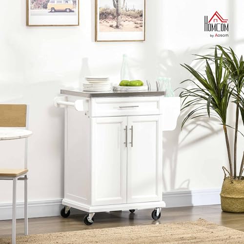 HOMCOM Kitchen Island on Wheels, Rolling Kitchen Cart with Stainless Steel Countertop, Drawer, Towel Rack and Spice Rack, Utility Storage Trolley, White - color: White