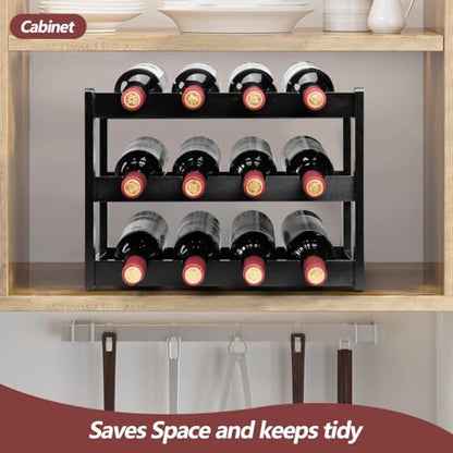 Bamboo Wine Rack, Sturdy and Durable Wine Storage Cabinet Shelf, Wine Racks Countertop for Pantry - 3 Tiers 12 Bottle Wine Rack, Black - color: 3 Tier Black