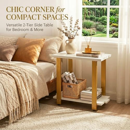 Transitional Narrow End Table, 2-Tier Rustic Side Table with Storage Shelves, Modern Farmhouse Industrial Nightstand for Living Room, Bedroom, Small Spaces, Couch, White/Gold - color: White+gold