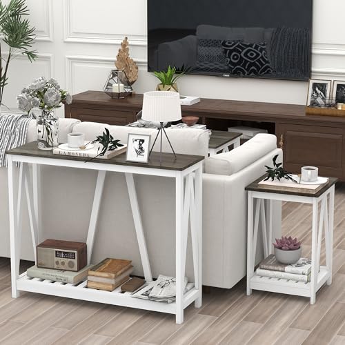 Farmhouse Console Table with Shelf, 39.3" Narrow Entryway Table, Dark Oak | Farmhouse Style Grey Oak Top White V‑Shape Frame Slat Shelf Storage 39.3" Narrow Anti‑Tip Legs sofa table - color: Dark Oak