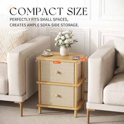 Apicizon Nightstand with 2 Drawers, Boho Side Table with Storage, Natural | Small End Table with Solid Wood Legs, for Small Spaces, Bedroom, Living Room, Entryway, Easy Assembly - color: Natural