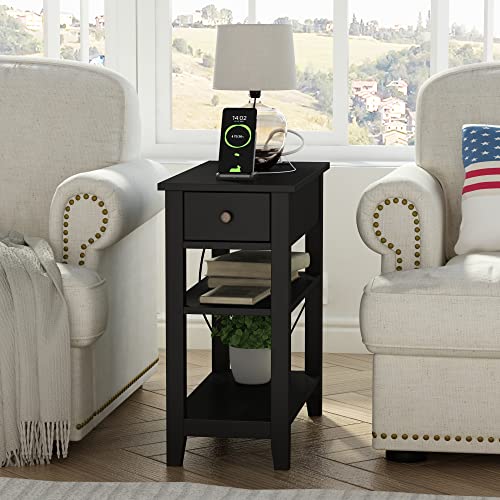 ChooChoo Narrow End Table with Charging Station, Side Table Living Room with USB Ports & Power Outlets and Hidden Drawer, 3-Tier Skinny Nightstand with 2 Open Storage Shelves for Small Place (Black) - color: Black