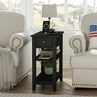 ChooChoo Narrow End Table with Charging Station, Side Table Living Room with USB Ports & Power Outlets and Hidden Drawer, 3-Tier Skinny Nightstand with 2 Open Storage Shelves for Small Place (Black) - color: Black