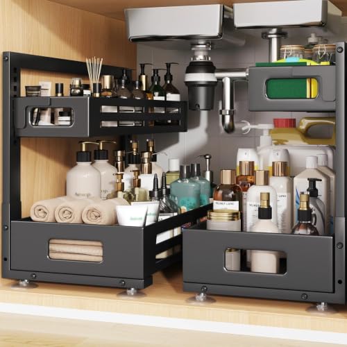 2 Pack 19IN-Depth Under Sink Organizer,Pull Out Cabinet Organizer With Smooth Cylindrical Rail,Metal Slide Out Drawer for Kitchen Bathroom Laundry,8-Level Tool Free Height Adjustable-Black - color: Black, size: 2 Pack-19"Dx9.5"-16.7"H