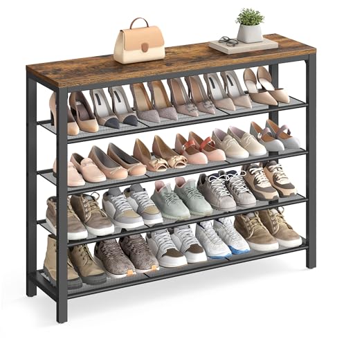 VASAGLE Shoe Rack, 5-Tier Shoe Storage Organizer with 4 Metal Mesh Shelves for 16-20 Pairs and Large Surface for Bags, for Entryway, Hallway, Closet, Industrial, Rustic Brown and Black ULBS15BX - color: Rustic Brown, size: 5 Tiers (39.4"W)