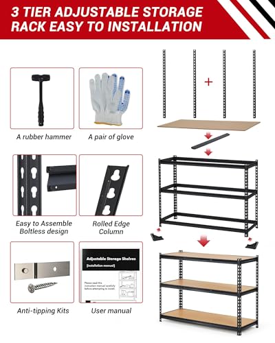 Heavy Duty 3-Tier Adjustable Metal Storage Shelving Unit – 60" L x 24" W x 36" H, 1320 lbs Capacity, Industrial Freestanding Utility Rack for Garage, Basement, Workshop, Warehouse - size: 150*60*91.2