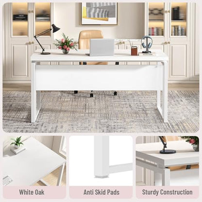 EXCEFUR White Computer Desk, Simple Wood and Metal Home Office Desk, Modern Study Writing Table Workstations for Living Room Bedroom, 53 Inch - color: White