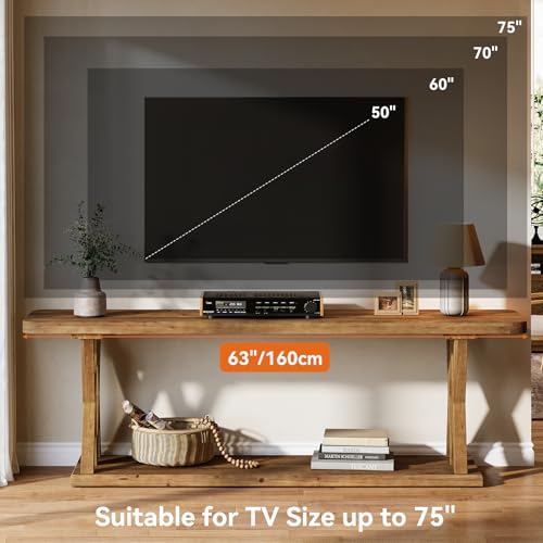 63-Inch Solid Wood TV Stand for 50/55/60/65/70/75-Inch TVs, Farmhouse Entertainment Center with Storage Shelf, Low Media Console Television Stands for Living Room, Bedroom
