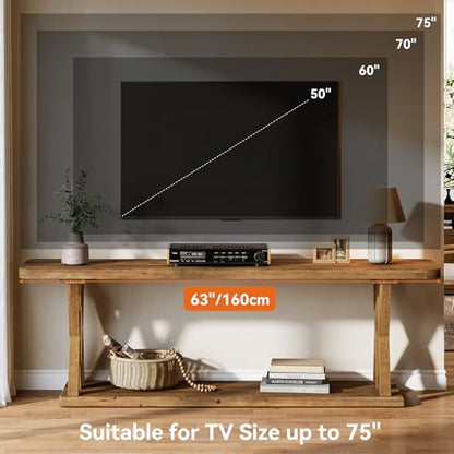 63-Inch Solid Wood TV Stand for 50/55/60/65/70/75-Inch TVs, Farmhouse Entertainment Center with Storage Shelf, Low Media Console Television Stands for Living Room, Bedroom