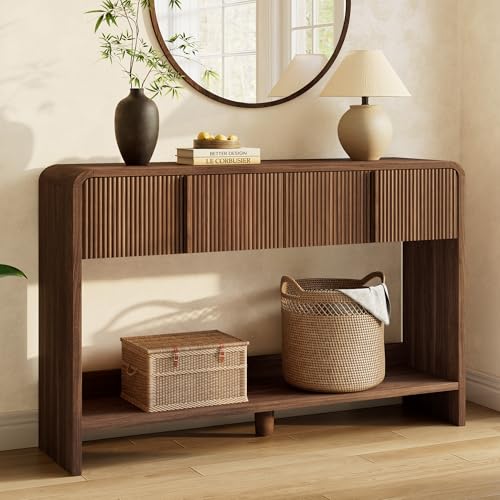 AMERLIFE 45" Fluted Entryway Console Table with 2 Drawers and Open Shelf | Modern Entryway Table with Rounded Edges, Wood Sofa Table for Hallway, Foyer, Behind Couch, Living Room, Brown - color: Brown - Fluted Panel, size: 45"