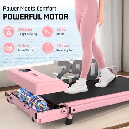 FUNMILY Upgrade Walking Pad Folding Treadmill with 12%/15% Incline & Handle Bar, 3.5HP Foldable Under Desk Compact Treadmills for Home/Office/Gym, 400+lb Capacity, Shock Absorption - color: Best Baby Pink T