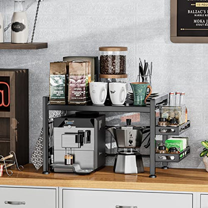 YIUKEA Extendable Microwave Oven Rack - Over Microwave Shelf Countertop 2 Tier Kitchen Microwave Stand (L15.7~23.6" xW12.8 xH17.7) with Spice Rack and 6 Hooks Black - color: Black with Spice Rack