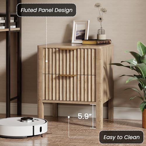 MODNEST 18" Fluted Nightstands Set of 2, Bed Side Tables Oak | Mid Century Modern Night Stand with Drawers for Bedroom Wood Nightstand Small End Table Bedroom Set - color: Oak, size: 15.7"D x 17.7"W x 20.7"H (2 Drawers)