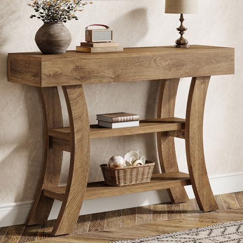 Tribesigns 41" Small Console Table for Entryway, 3-Tier Narrow Rustic Sofa Table with Storage Shelves and Curved Frame for Living Room, Entry, Hallway, Foyer (Oak Brown)