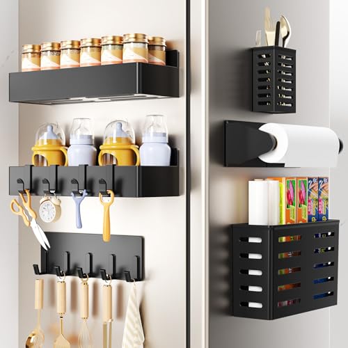 Magnetic Spice Rack for Refrigerator,6 Pack Magnetic Shelf,Fridge Magnet Organizer with Paper Towel Holder,Utensils Racks,Hook Rack,Deepened Basket,Fridge Organizers and Storage Black(6 Pack) - color: Black, size: 6 Pack